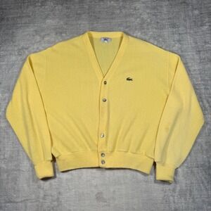 Izod Lacoste Sweater Mens XL Yellow Vintage 70s Cardigan Knit Preppy Golf